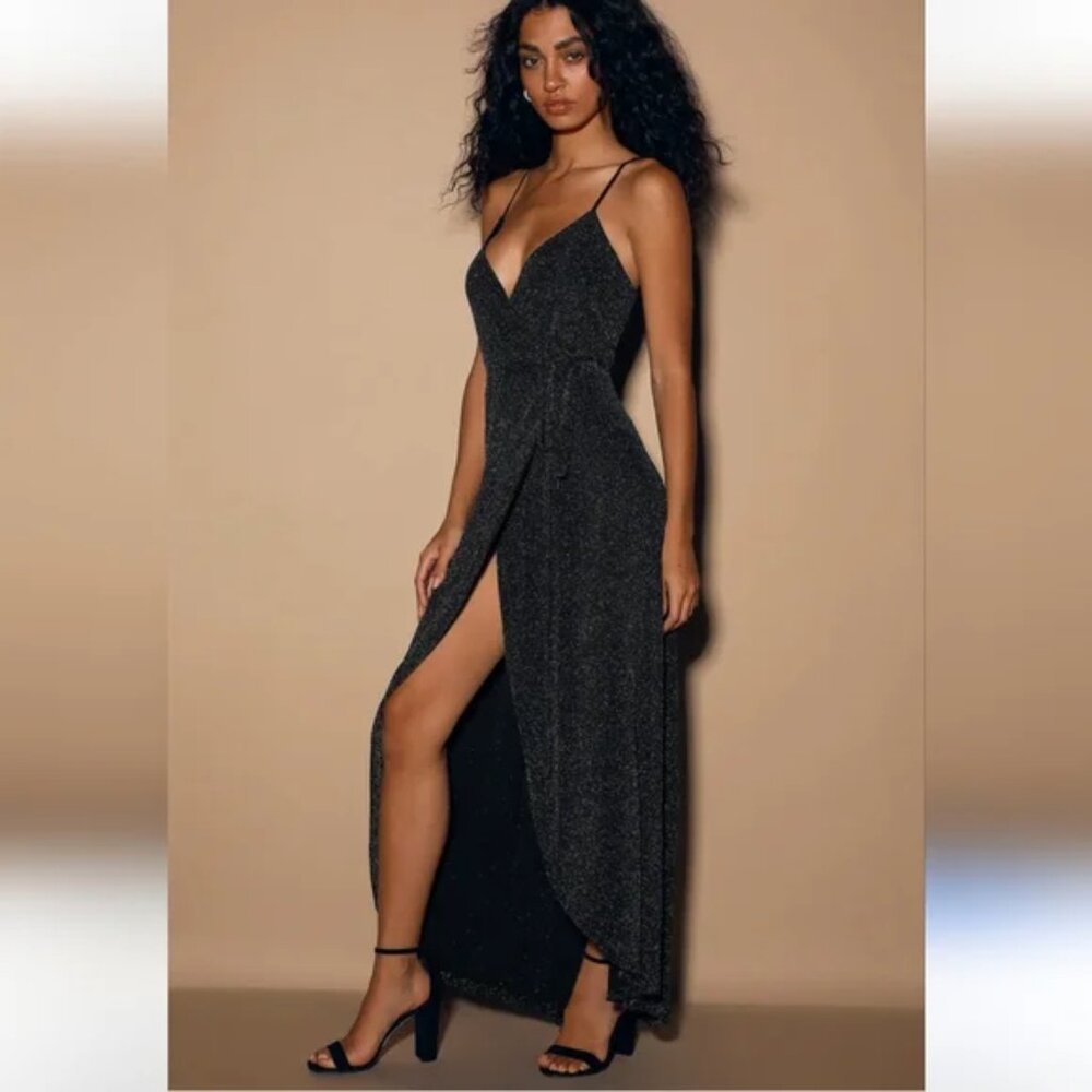 Lulus Celestial Black and Silver Wrap Dress S